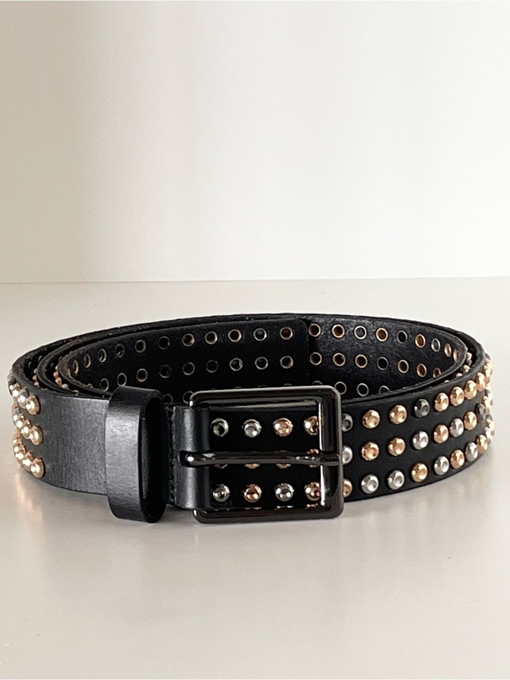 PRISTINE CAbi Studded Leather Belt Black & Sparkle Mixed Metal Studs XL